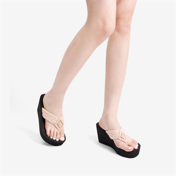 Woven Strap Platform Wedge Flip Flops - PINK - 1